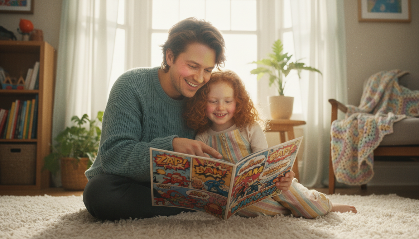 Родитель читает комикс ребенку, показывая на реплики