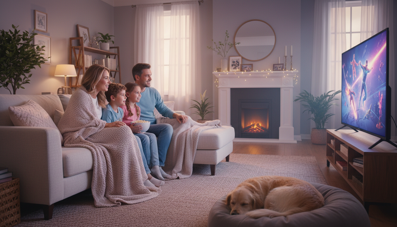 Семейный просмотр фильма Киновселенной Marvel в уютной гостиной