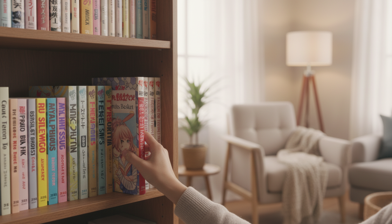 Разнообразные жанры манги на полке в уютном доме
