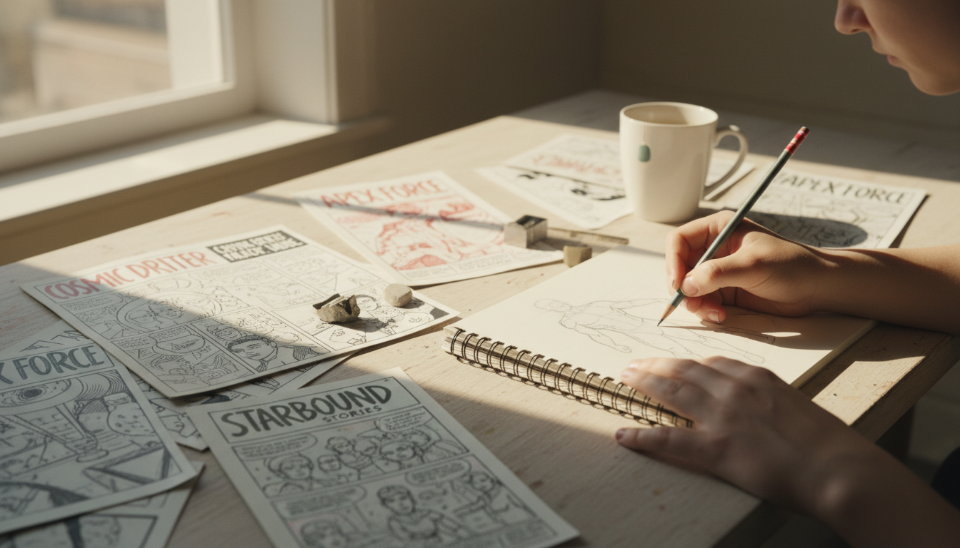 Руки художника рисуют комиксы на столе.