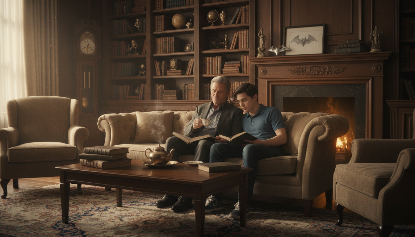 Bruce Wayne and a ward sharing a quiet moment in a study with a subtle batarang