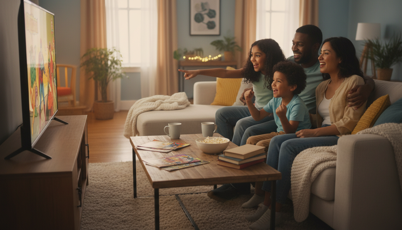 Семья смотрит фильм по комиксам DC в уютной домашней обстановке.