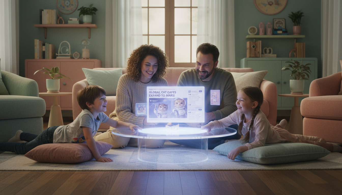 Family or friends watching a holographic news report in a warm, pastel living space