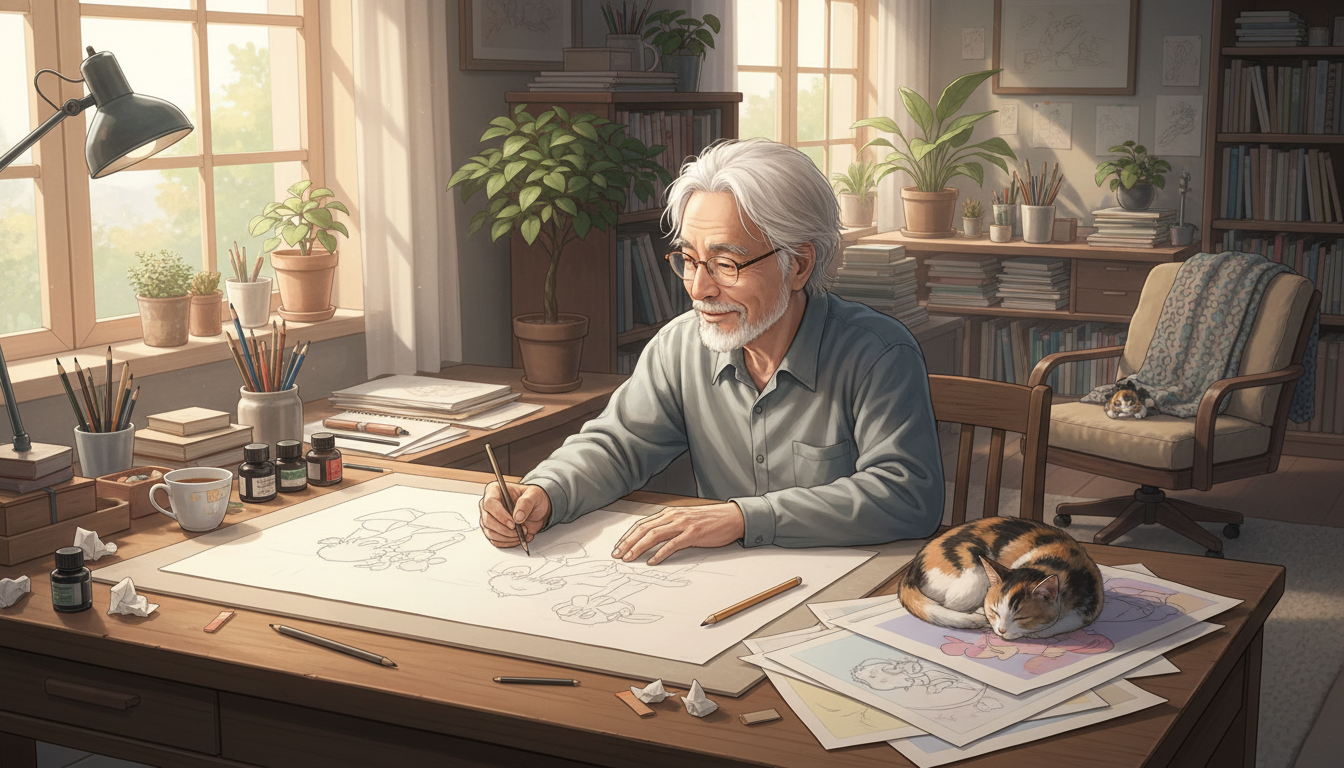 Animator sketching in a cozy studio