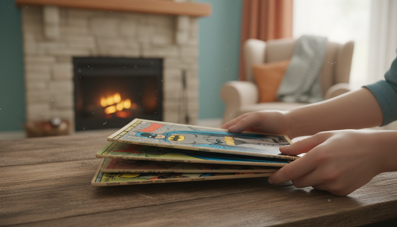 Hands holding vintage Batman comic books in a warm, cozy setting
