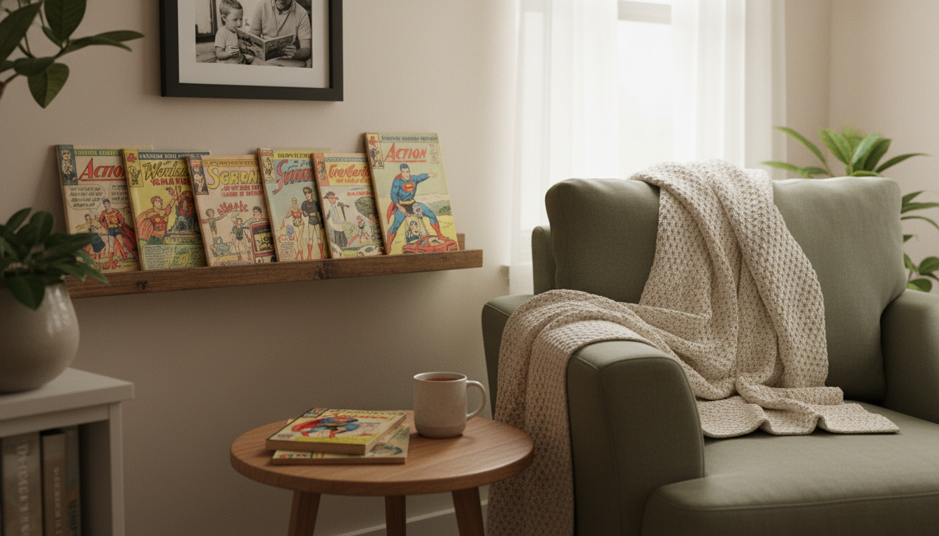 Collection of vintage DC Comics on a cozy shelf