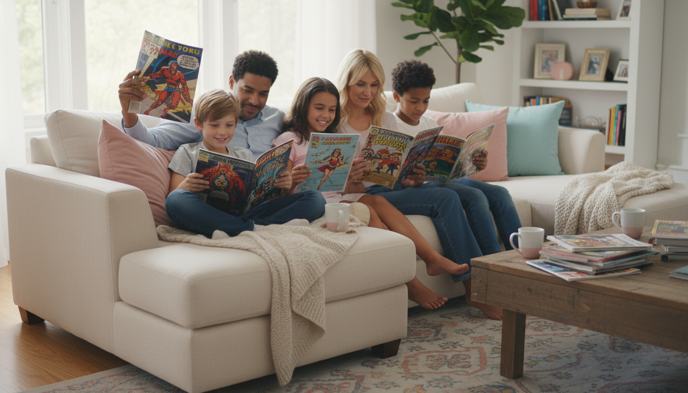 Семья читает комиксы Серебряного века в уютной гостиной