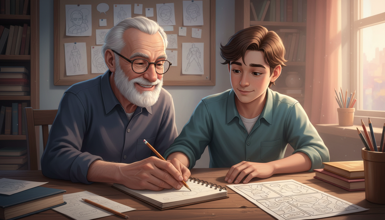 Mentor guiding young writer's hand, creative collaboration