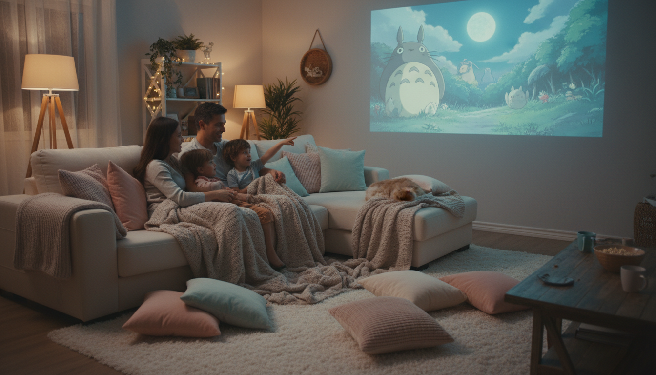 Family watching Ghibli film in cozy living room