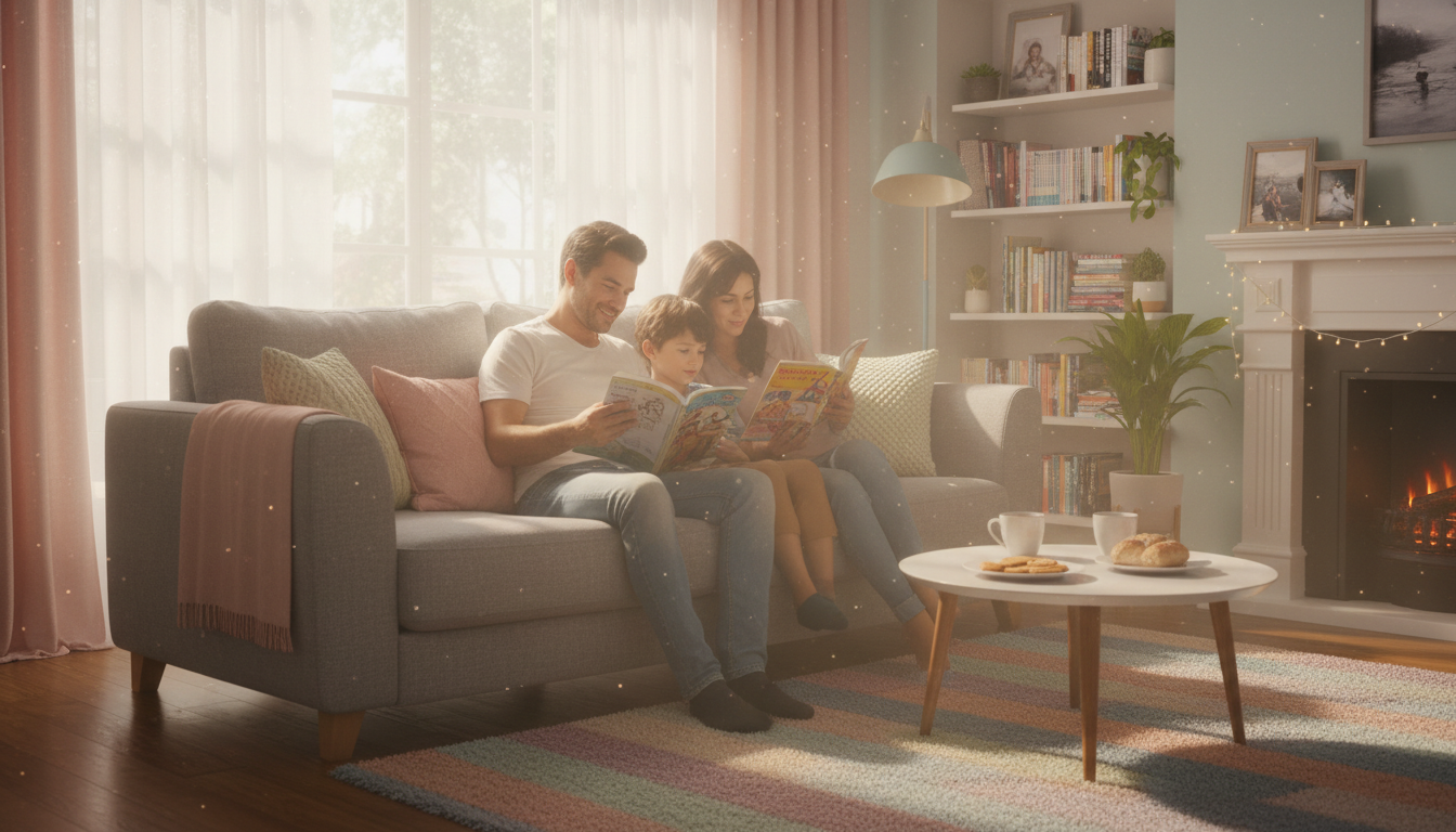 Семья читает мангу в уютной гостиной