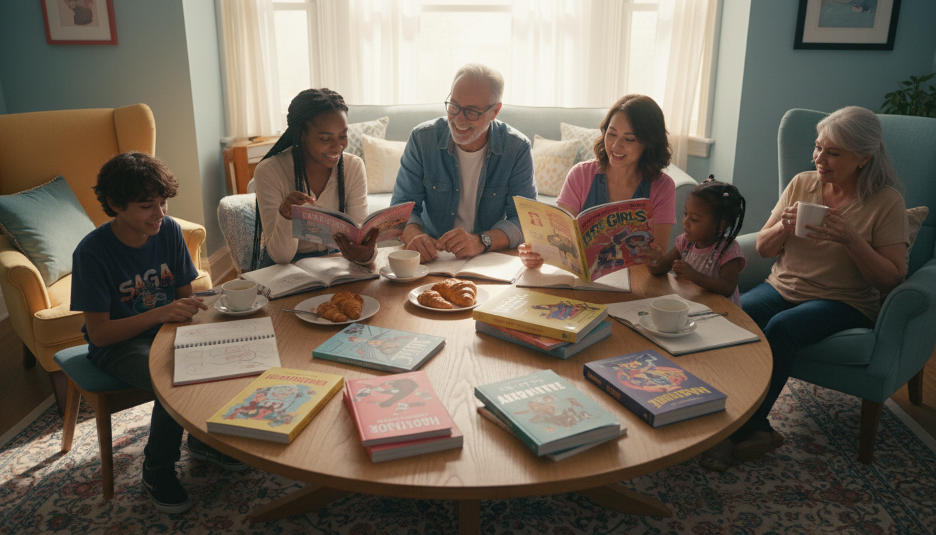 Разные поколения обсуждают графические романы в семейном кругу.