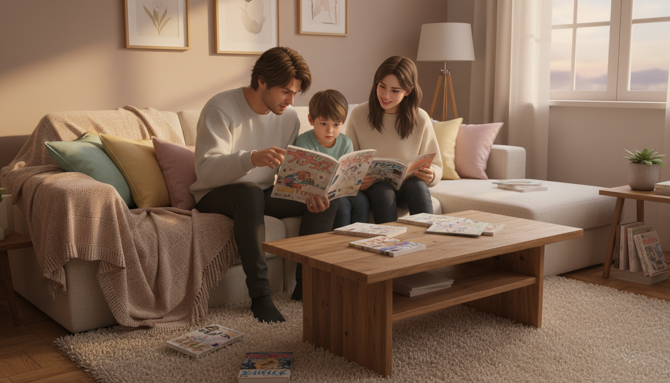 Семейное чтение манги в уютной обстановке