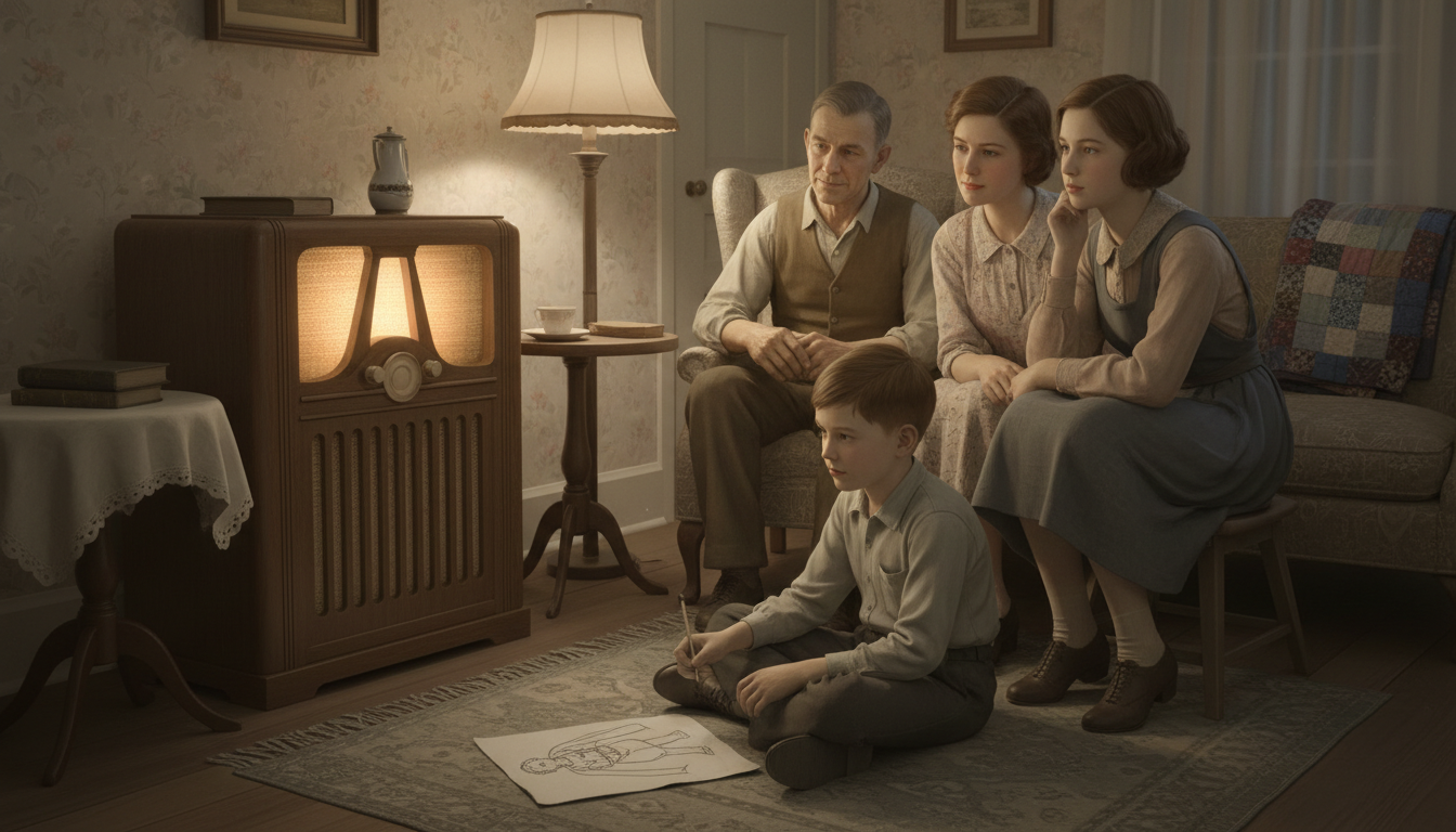 Family listening to a radio during the 1930s, child sketching