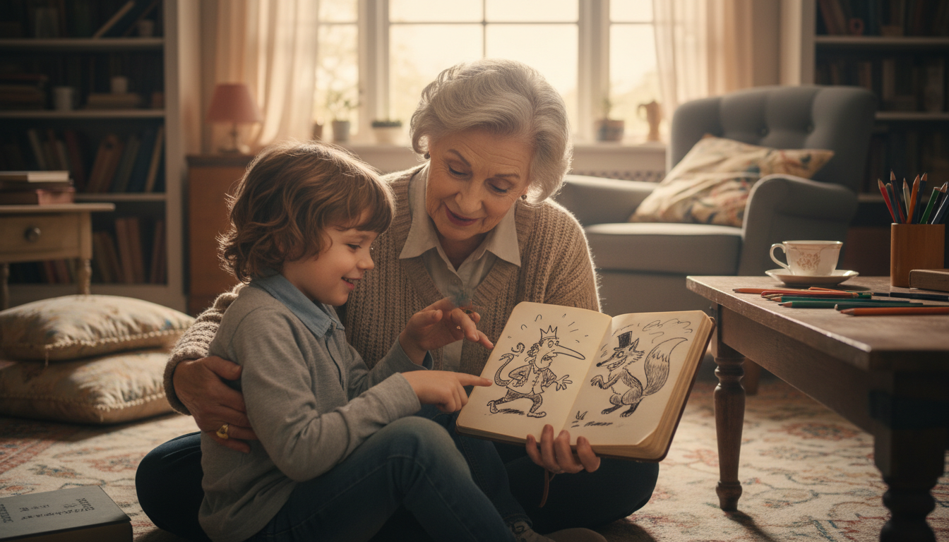 Старший рассказывает истории ребёнку, рисуя простые комиксы