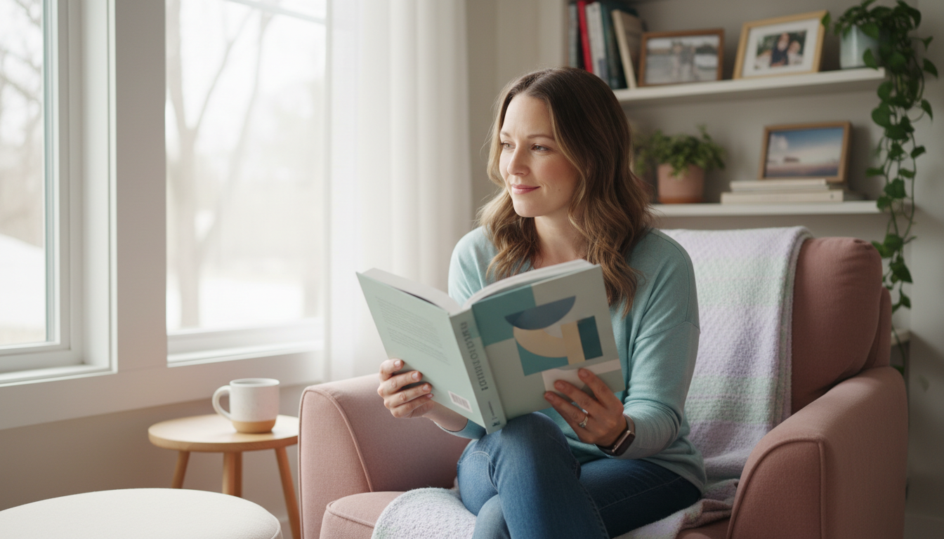 Взрослый человек задумчиво читает графический роман в кабинете.