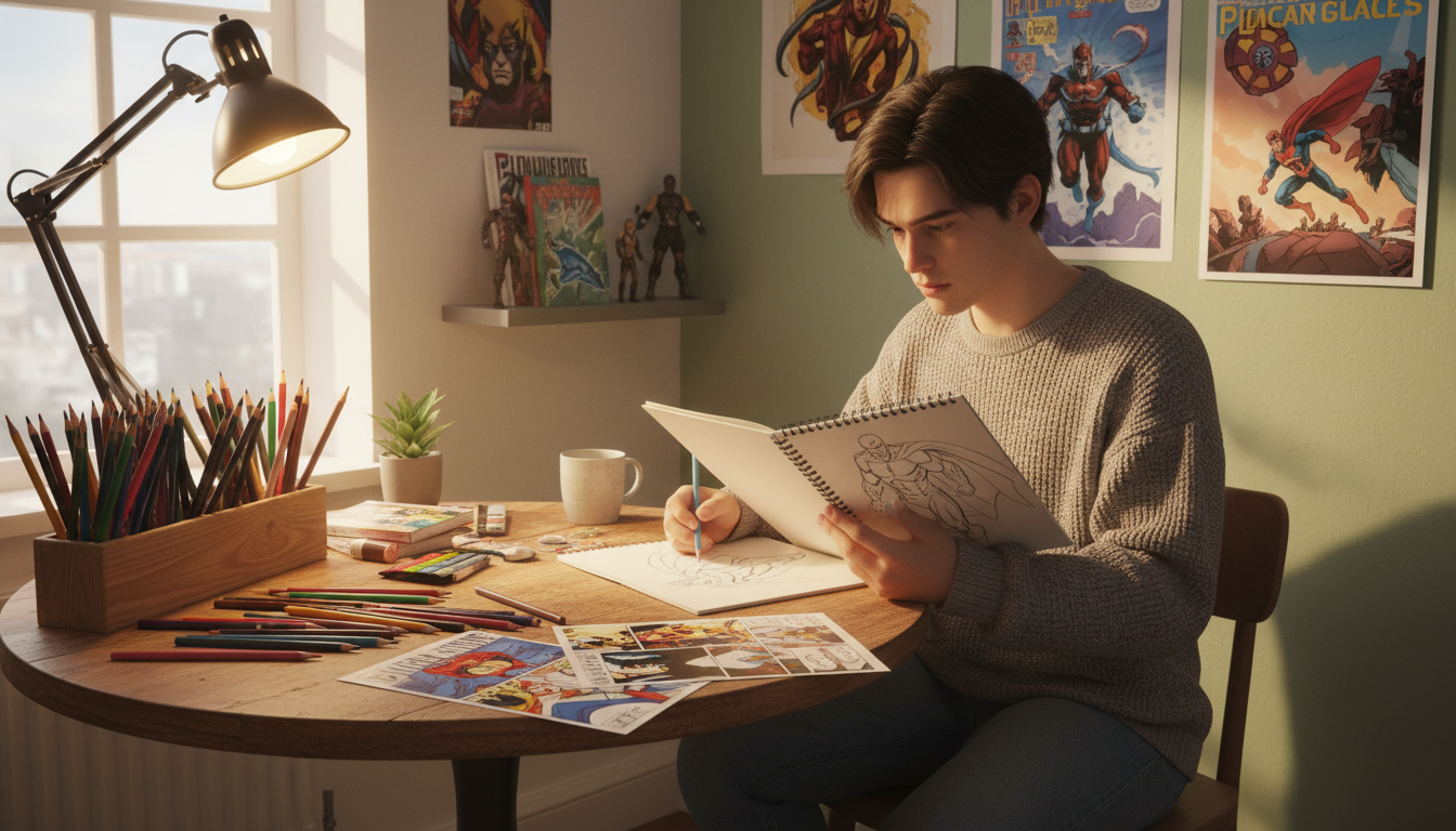 Художник рисует супергероя, процесс адаптации комиксов