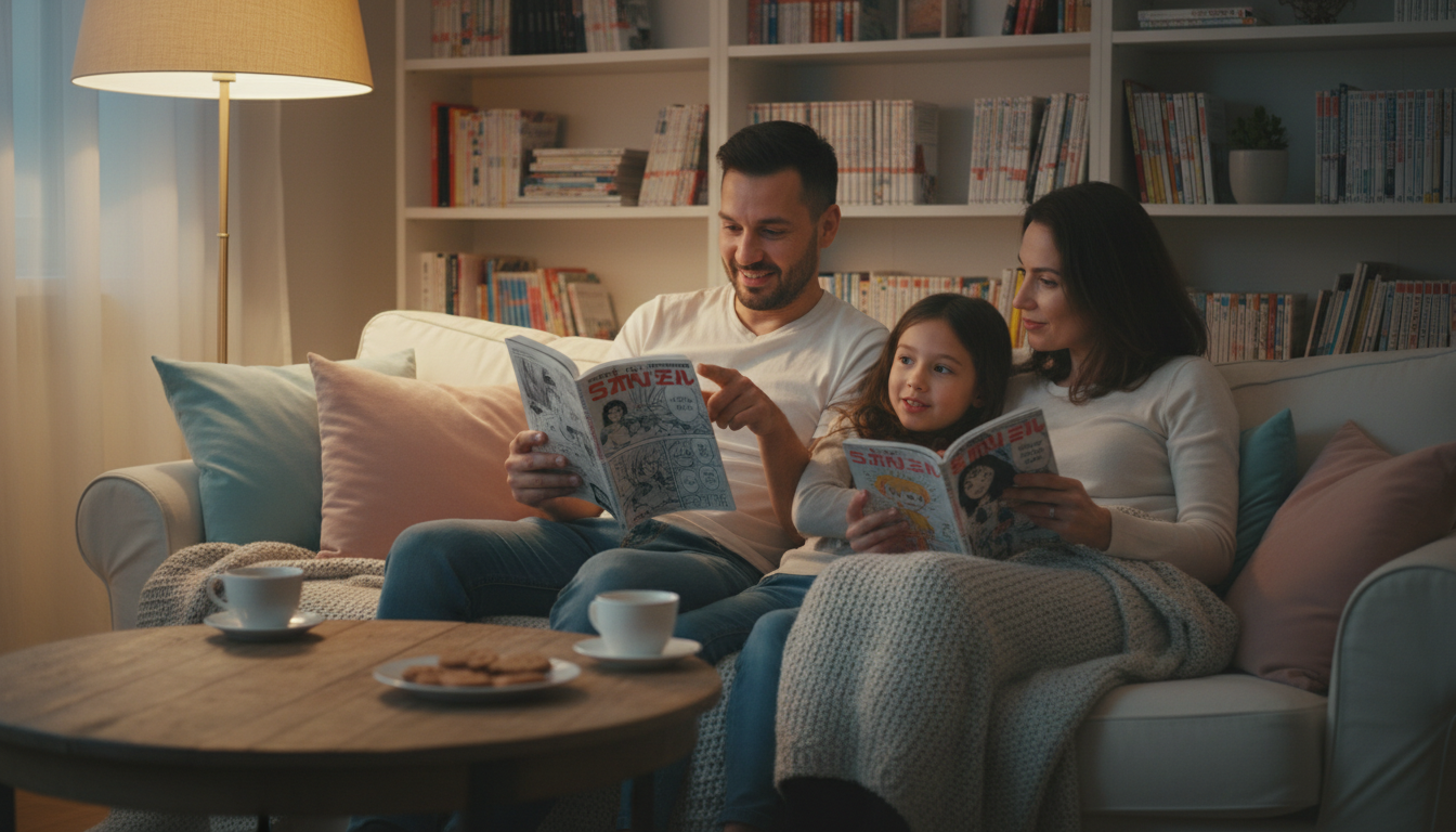 Семейное чтение манги в уютной обстановке