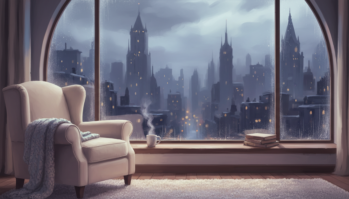 Warm indoor scene looking out at a rainy, stylized Gotham cityscape