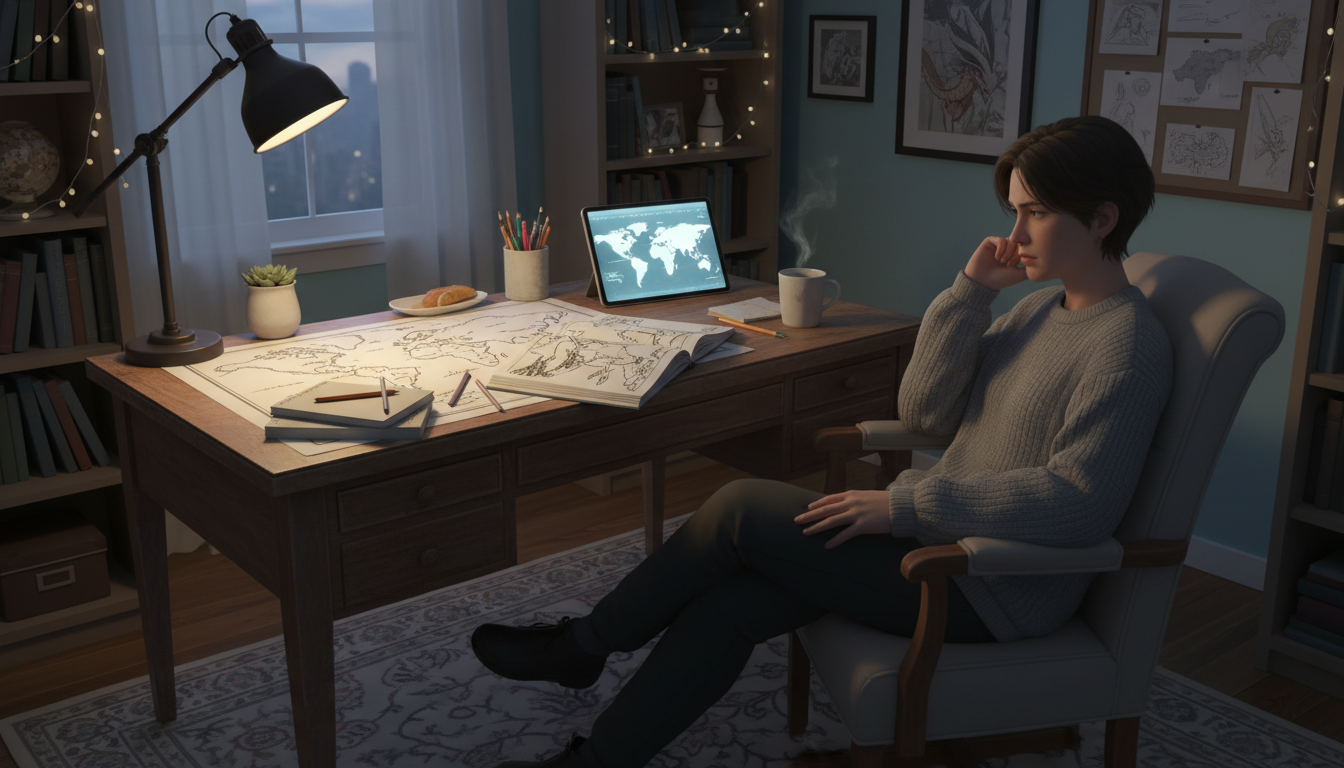 Человек, занимающийся миростроительством в уютной обстановке