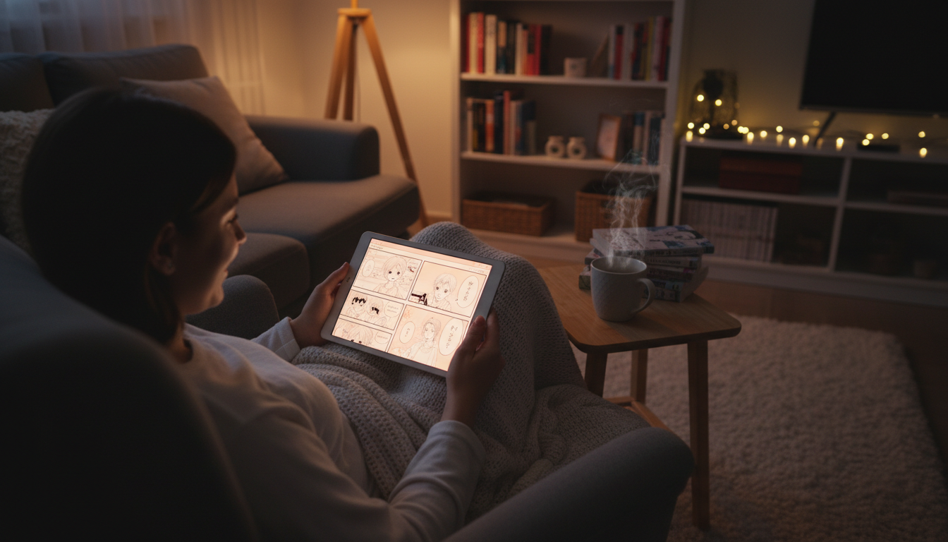 Человек читает цифровую мангу на планшете в уютной обстановке