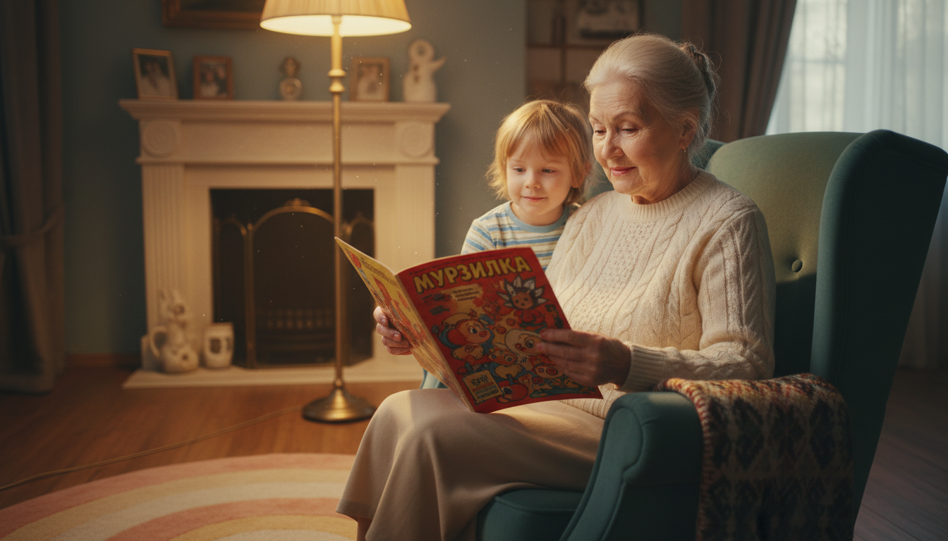 Человек, уютно читающий старый советский детский журнал, рядом любопытный ребенок.