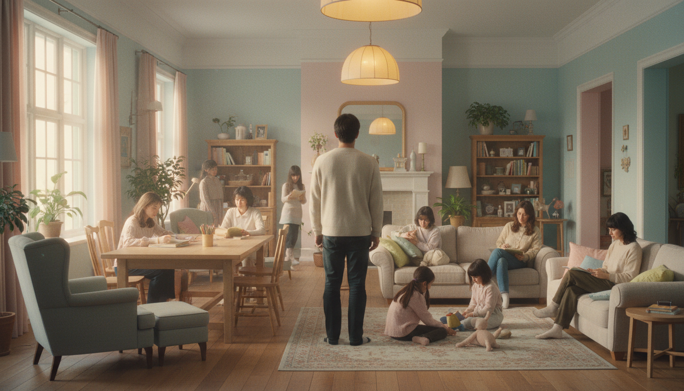 The last man in a world of women, a contemplative scene.