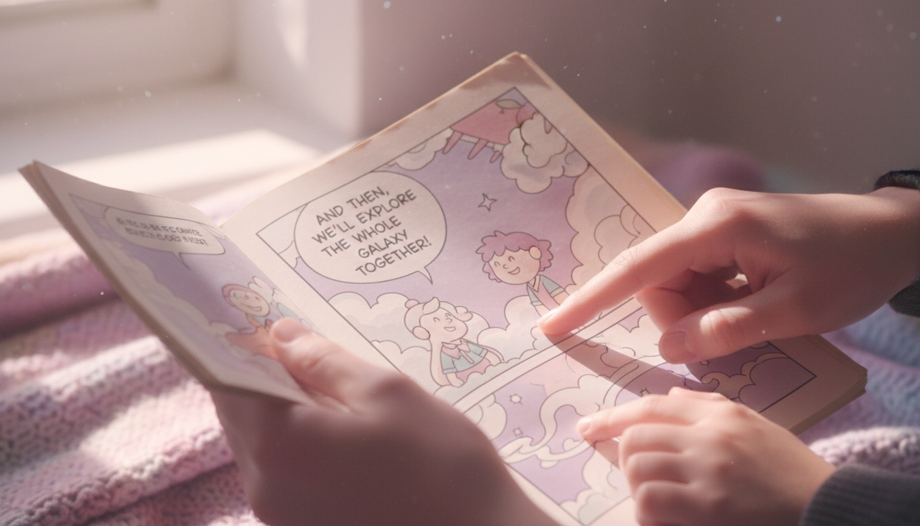 Крупный план рук, держащих комикс и указывающих на реплику