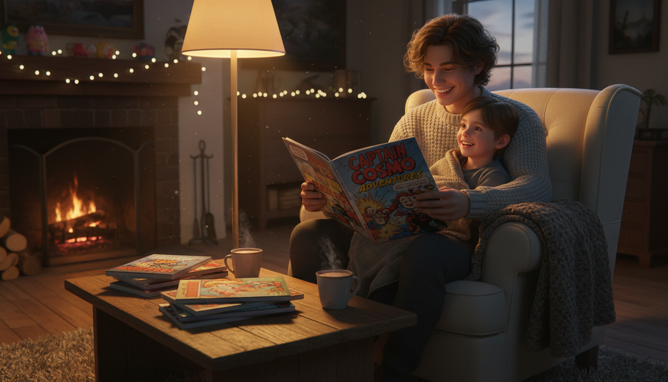 Parent reading Marvel comic to child in cozy living room