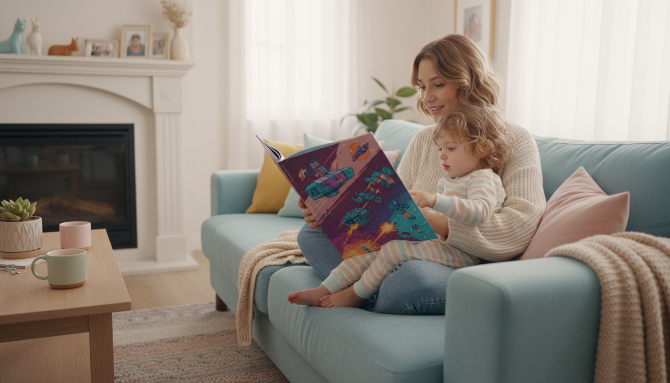 Parent and child reading a futuristic graphic novel in a cozy living room, warm pastel tones