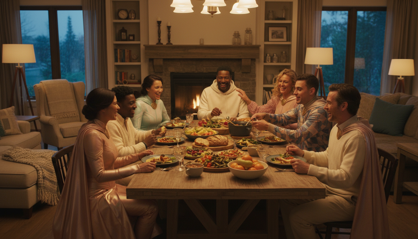 Супергерои за общим столом в уютной домашней обстановке, смеются и общаются.