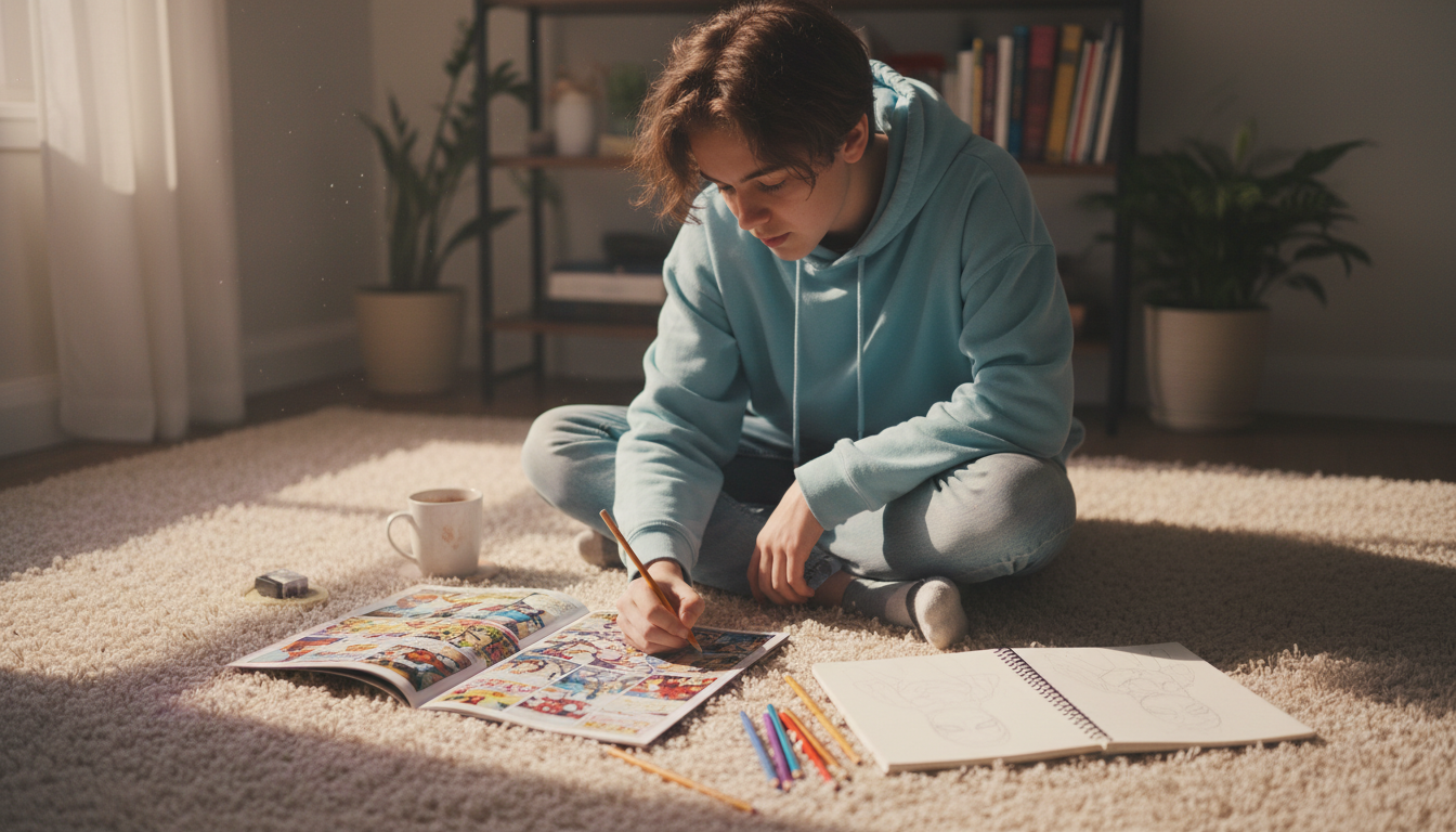 Подросток рисует, вдохновленный комиксами, в уютной комнате