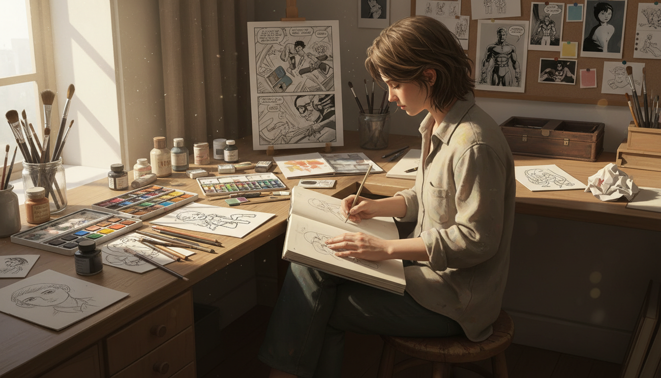 Художник за работой, демонстрируя стили рисования