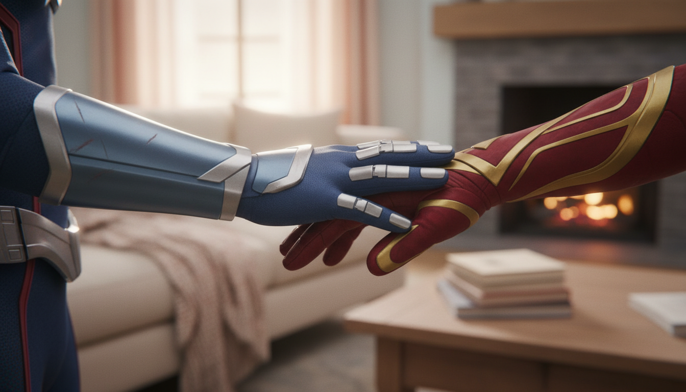 Руки двух супергероев, соприкасающиеся в знак примирения после конфликта.