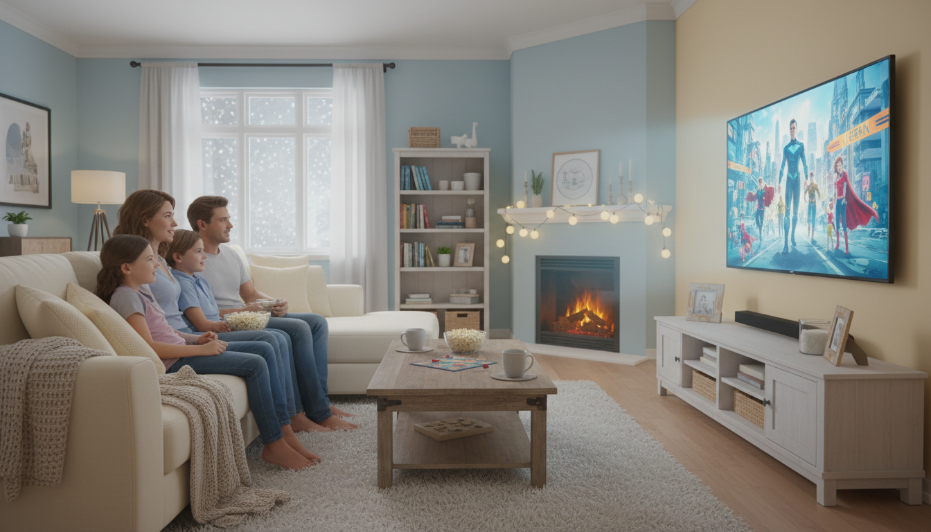 Семейный просмотр фильма Киновселенной Marvel в уютной гостиной