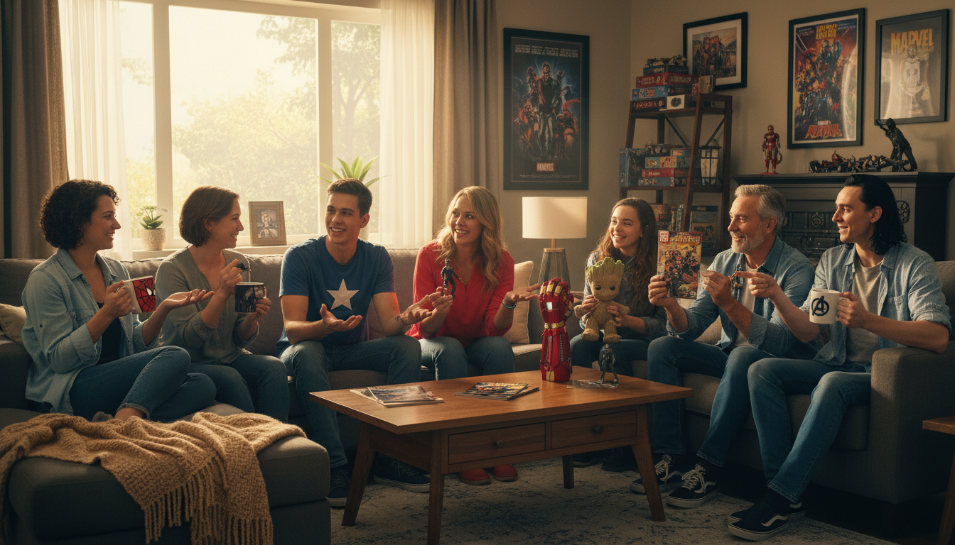 Друзья с атрибутикой фильмов Marvel, показывающие единство фанатов