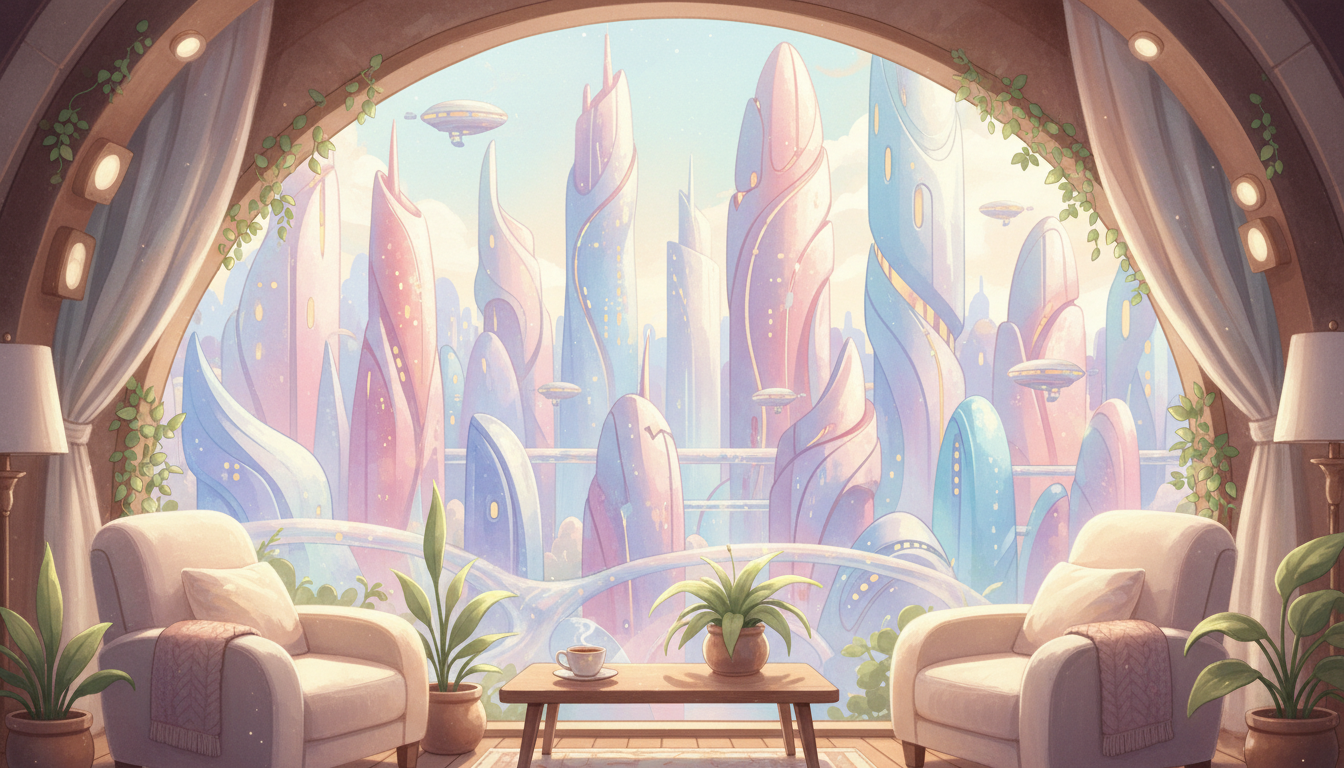 Dreamy pastel view of a futuristic city from a cozy apartment window