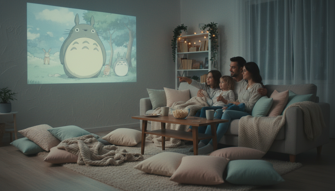 Family watching Ghibli film in cozy living room