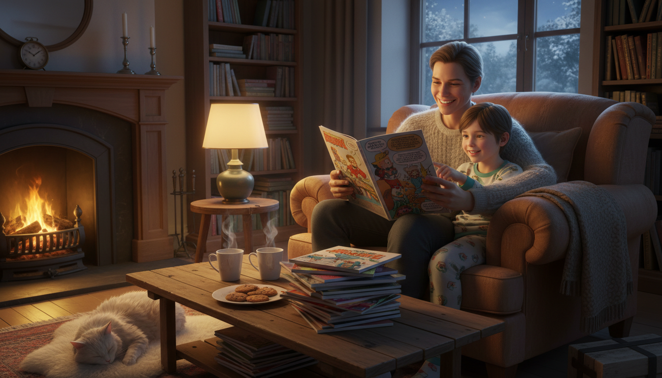 Parent reading Marvel comic to child in cozy living room