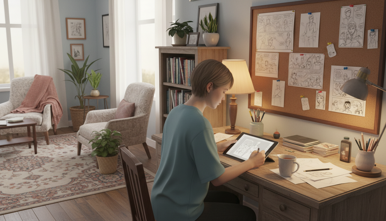 Человек, работающий над созданием комикса в уютной домашней обстановке