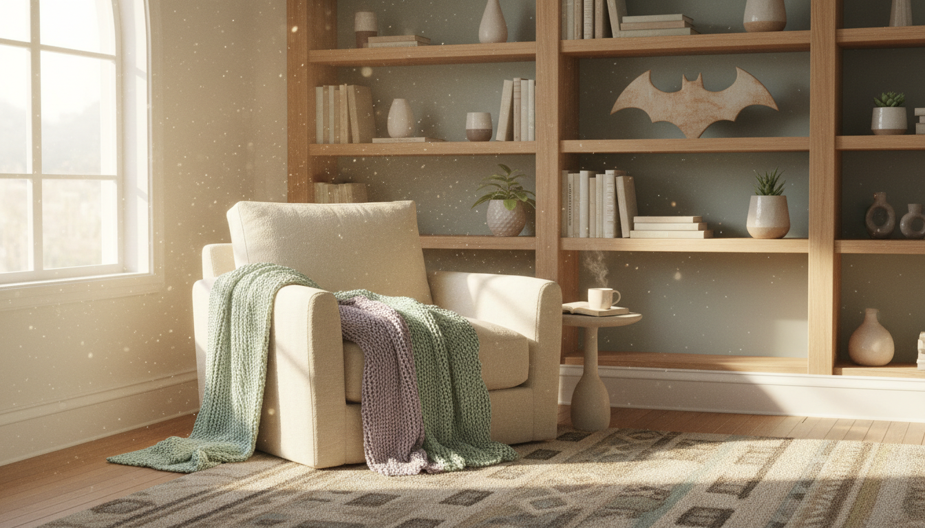 Symbol of Batman in a cozy, warm domestic setting