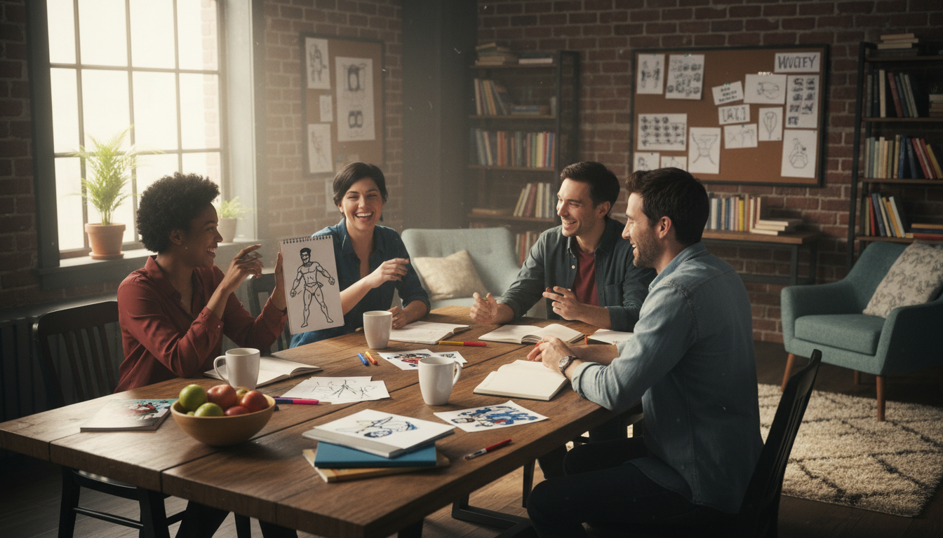 Diverse group of modern Marvel writers brainstorming ideas