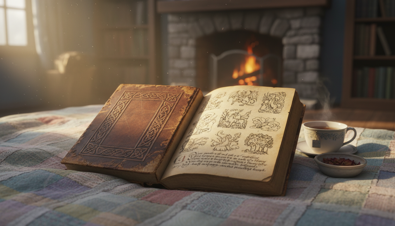 Ancient book open on a cozy blanket, symbolizing myths and knowledge