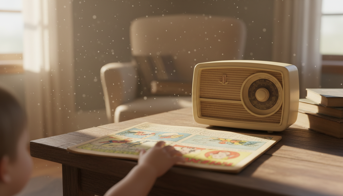 Старый комикс DC и радио, символизирующие первые адаптации.