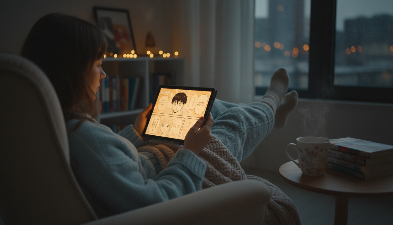 Человек читает цифровую мангу на планшете в уютной обстановке