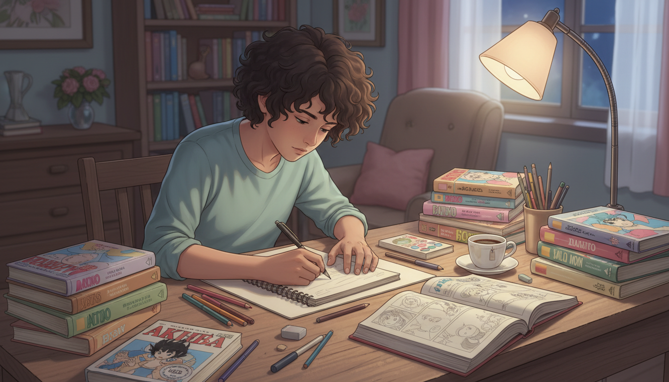 Молодой художник рисует мангу в уютной комнате