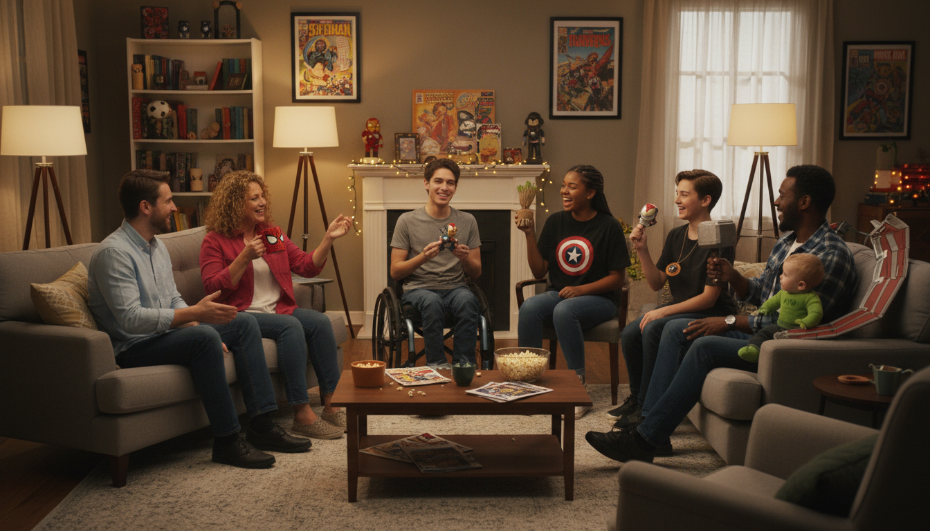 Друзья с атрибутикой фильмов Marvel, показывающие единство фанатов