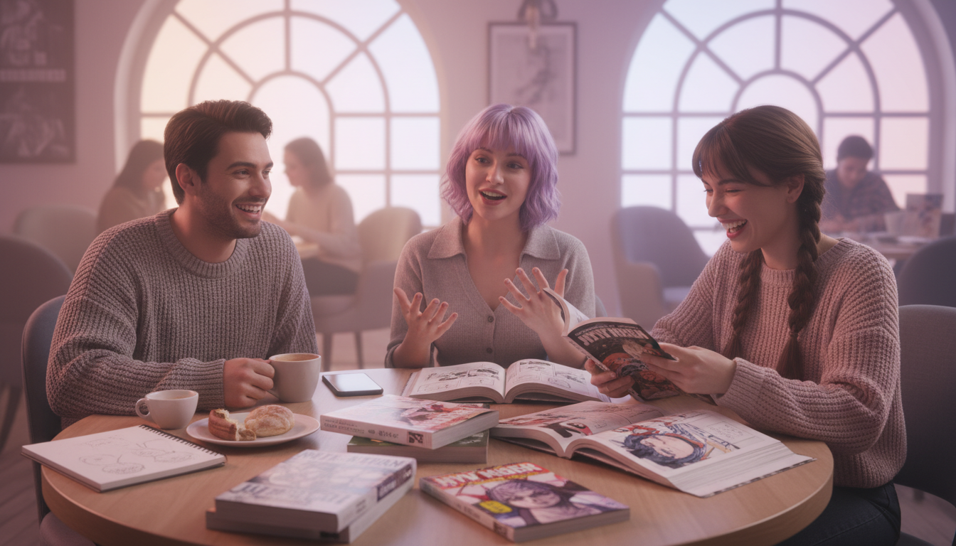 Друзья обсуждают мангу в кафе