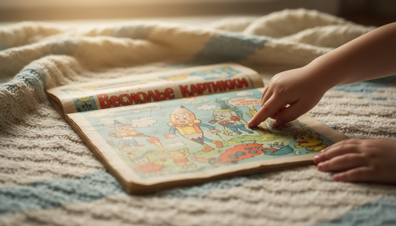 Крупный план, открытый номер журнала 'Весёлые картинки' на пледе, детские руки указывают на иллюстрации.