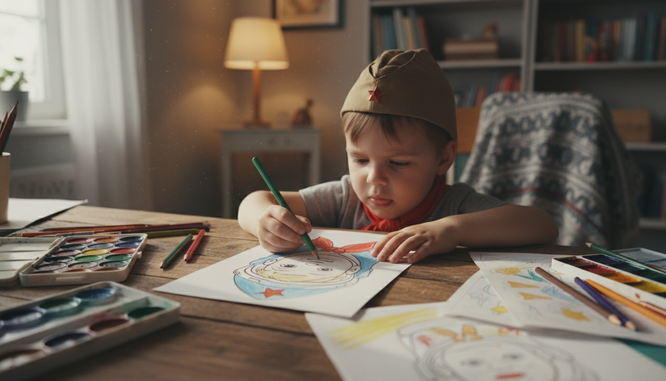 Ребенок, сосредоточенно раскрашивающий рисунок пионера или космонавта, на столе художественные принадлежности.