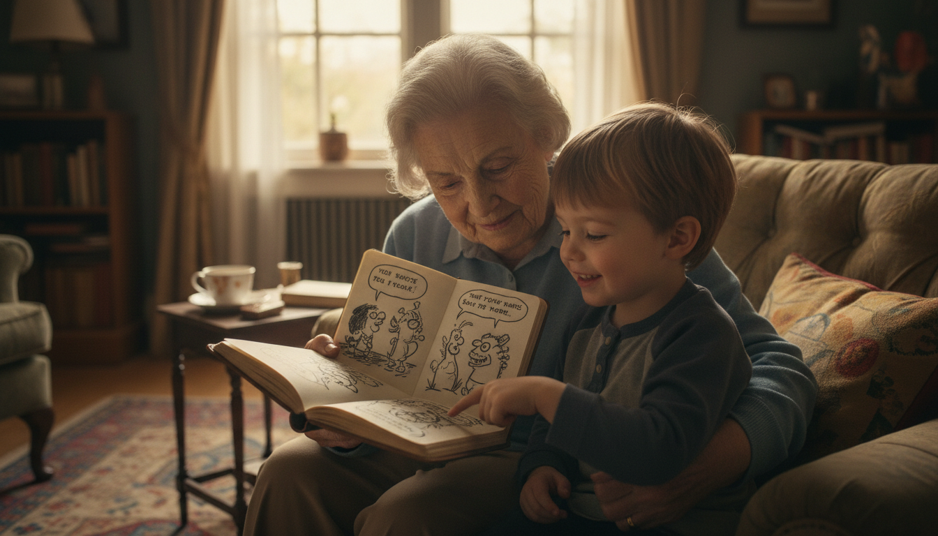 Старший рассказывает истории ребёнку, рисуя простые комиксы